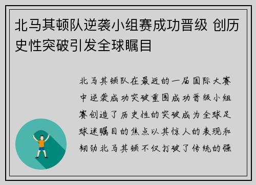 北马其顿队逆袭小组赛成功晋级 创历史性突破引发全球瞩目 北马其顿队逆袭小组赛成功晋级 创历史性突破引发全球瞩目