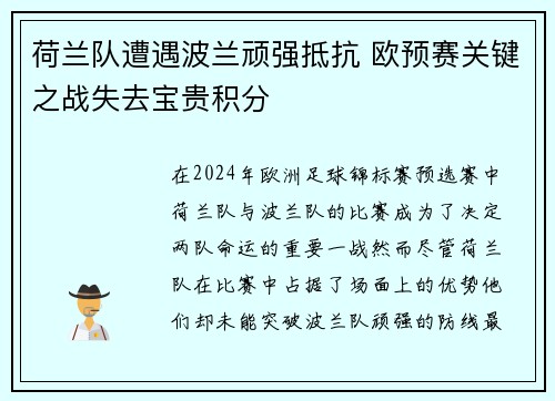 荷兰队遭遇波兰顽强抵抗 欧预赛关键之战失去宝贵积分